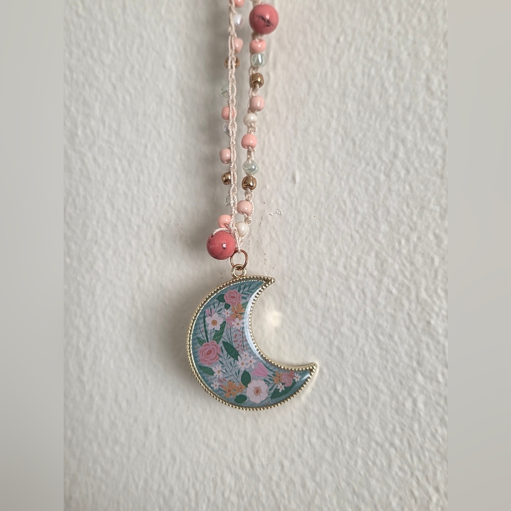 Floral Crescent Moon Crochet Pendant Necklace